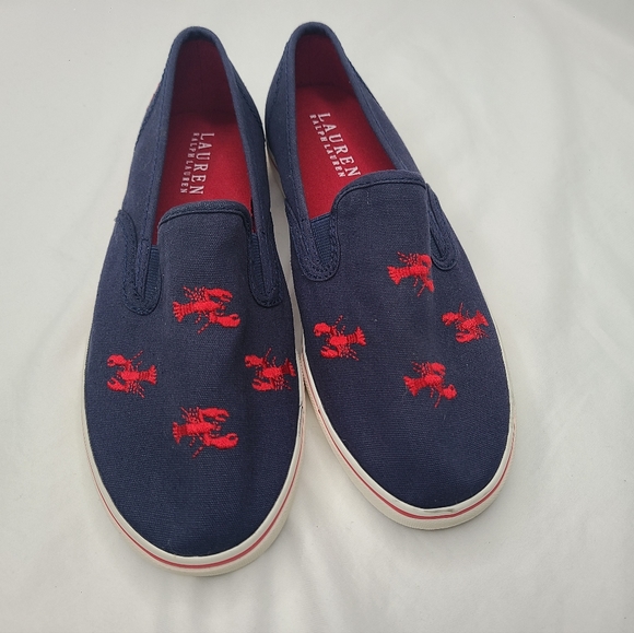 Lauren Ralph Lauren JANIS Navy Red lobster Canvas Fashion Sneakers shoe size 10 - Picture 2 of 4